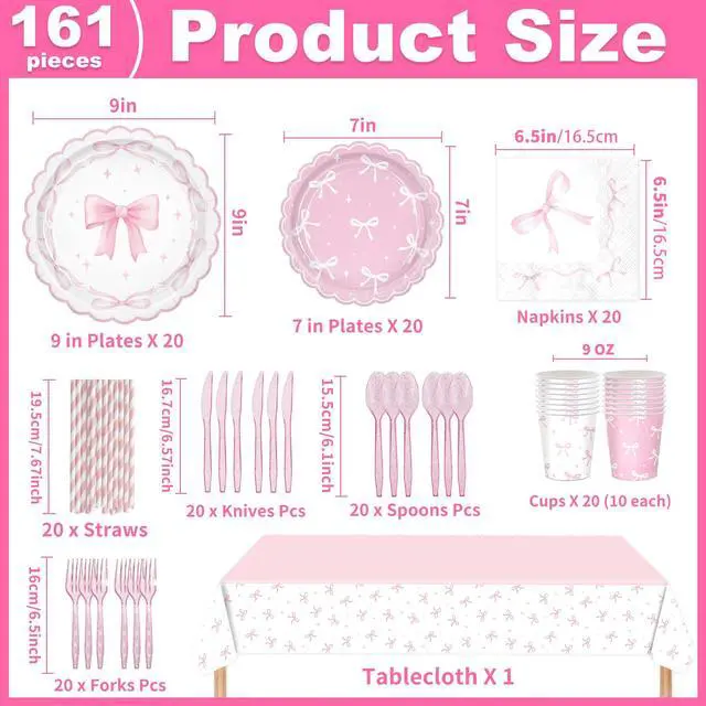 Alt view image 3 of 7 - 161PCs Pink Bow Party Supplies Pink Coquette Plates Napkins Cups Tablecloth Straws Forks Spoons Knives for Birthday Party Bachelorette Decor Bridal Engagement Coquette Party Supplies for 20 guests
