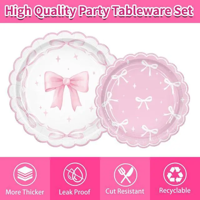 Alt view image 4 of 7 - 161PCs Pink Bow Party Supplies Pink Coquette Plates Napkins Cups Tablecloth Straws Forks Spoons Knives for Birthday Party Bachelorette Decor Bridal Engagement Coquette Party Supplies for 20 guests