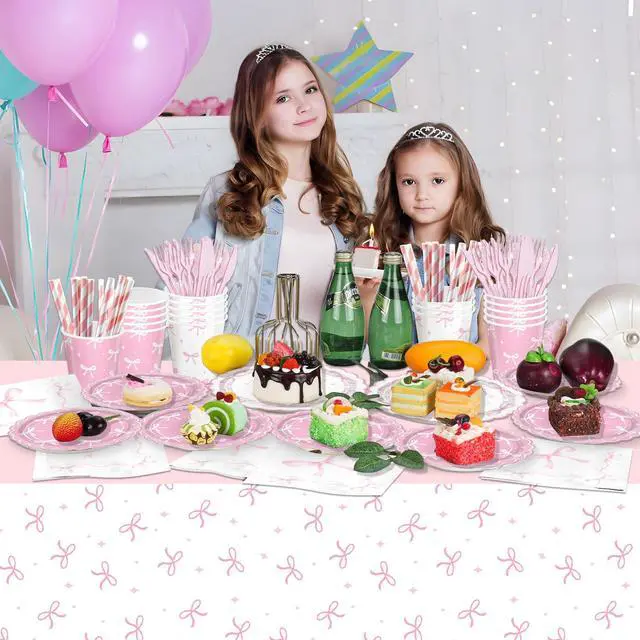 Alt view image 6 of 7 - 161PCs Pink Bow Party Supplies Pink Coquette Plates Napkins Cups Tablecloth Straws Forks Spoons Knives for Birthday Party Bachelorette Decor Bridal Engagement Coquette Party Supplies for 20 guests