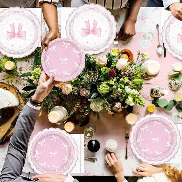 Alt view image 7 of 7 - 161PCs Pink Bow Party Supplies Pink Coquette Plates Napkins Cups Tablecloth Straws Forks Spoons Knives for Birthday Party Bachelorette Decor Bridal Engagement Coquette Party Supplies for 20 guests