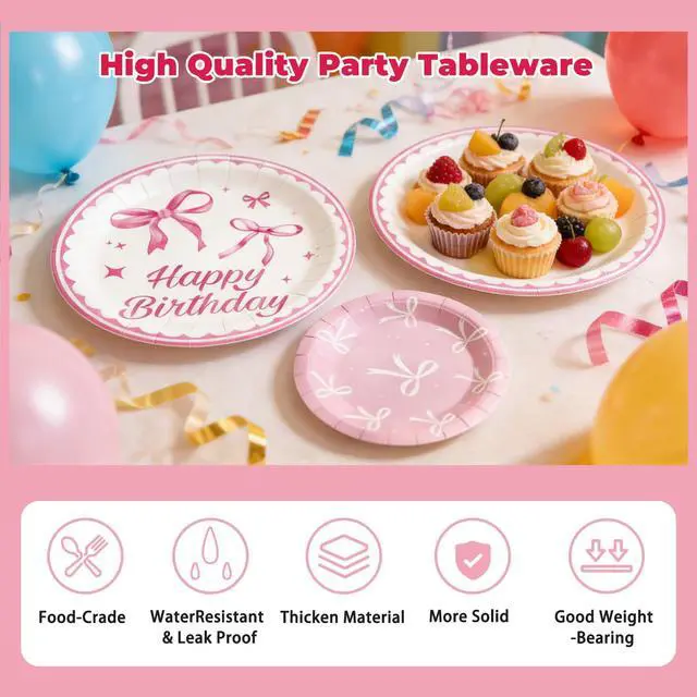 Alt view image 2 of 7 - 80 pcs Pink Bow Birthday Party Supplies - Pink Bow Plates and Napkins, Disposable Tableware Set for Girls Birthday Party Decorations, Coquette Pink Bow Party Decorations, Serve 20, Sturdy & Durable