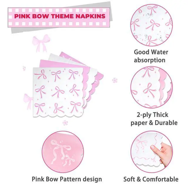 Alt view image 3 of 7 - 80 pcs Pink Bow Birthday Party Supplies - Pink Bow Plates and Napkins, Disposable Tableware Set for Girls Birthday Party Decorations, Coquette Pink Bow Party Decorations, Serve 20, Sturdy & Durable