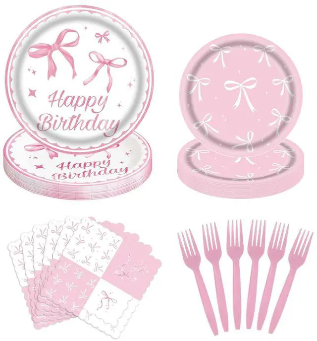Main image of 80 pcs Pink Bow Birthday Party Supplies - Pink Bow Plates and Napkins, Disposable Tableware Set for Girls Birthday Party Decorations, Coquette Pink Bow Party Decorations, Serve 20, Sturdy & Durable