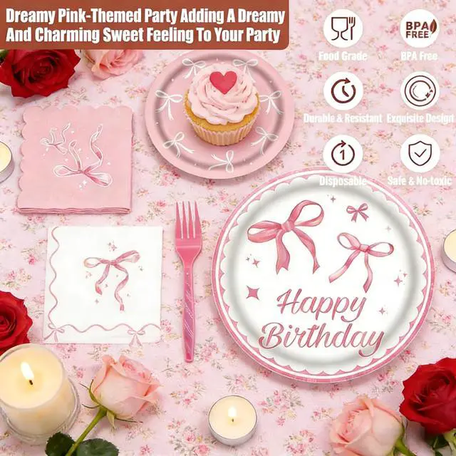 Alt view image 4 of 7 - 80 pcs Pink Bow Birthday Party Supplies - Pink Bow Plates and Napkins, Disposable Tableware Set for Girls Birthday Party Decorations, Coquette Pink Bow Party Decorations, Serve 20, Sturdy & Durable