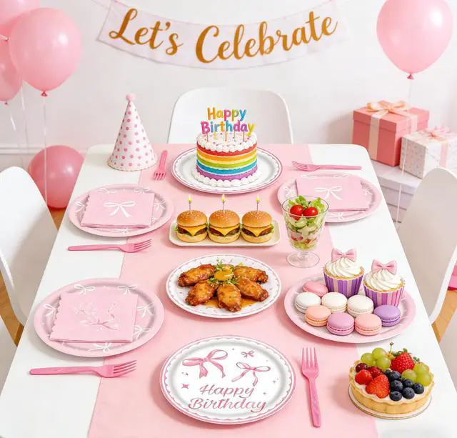 Alt view image 6 of 7 - 80 pcs Pink Bow Birthday Party Supplies - Pink Bow Plates and Napkins, Disposable Tableware Set for Girls Birthday Party Decorations, Coquette Pink Bow Party Decorations, Serve 20, Sturdy & Durable