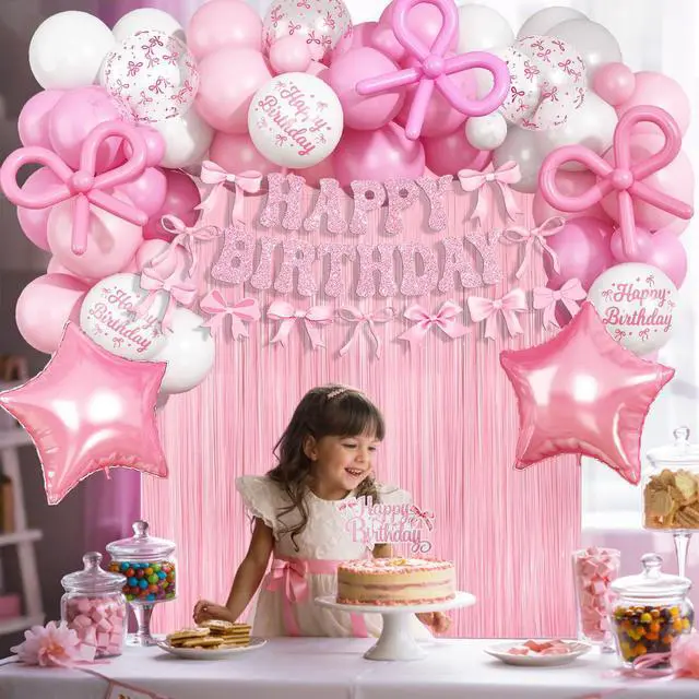 Alt view image 2 of 7 - Pink Bow Birthday Decorations, Coquette Party Decoration for Girls Women Pastel Light Pink White Bow Latex Balloons Happy Birthday Banner Cake Topper for Baby Shower Bachelorette Party Decor Supplies
