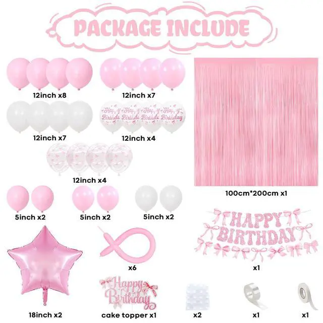 Alt view image 3 of 7 - Pink Bow Birthday Decorations, Coquette Party Decoration for Girls Women Pastel Light Pink White Bow Latex Balloons Happy Birthday Banner Cake Topper for Baby Shower Bachelorette Party Decor Supplies