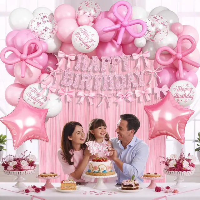 Alt view image 4 of 7 - Pink Bow Birthday Decorations, Coquette Party Decoration for Girls Women Pastel Light Pink White Bow Latex Balloons Happy Birthday Banner Cake Topper for Baby Shower Bachelorette Party Decor Supplies