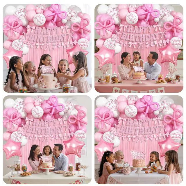 Alt view image 6 of 7 - Pink Bow Birthday Decorations, Coquette Party Decoration for Girls Women Pastel Light Pink White Bow Latex Balloons Happy Birthday Banner Cake Topper for Baby Shower Bachelorette Party Decor Supplies