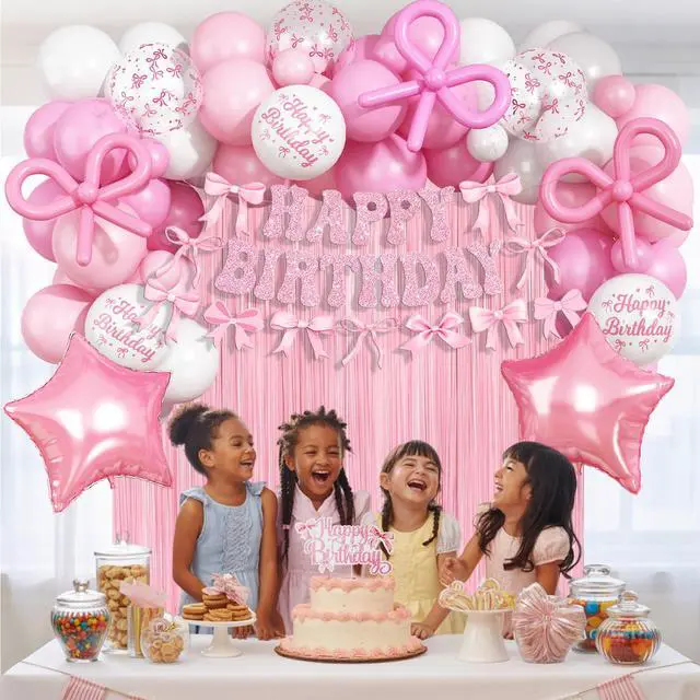 Alt view image 7 of 7 - Pink Bow Birthday Decorations, Coquette Party Decoration for Girls Women Pastel Light Pink White Bow Latex Balloons Happy Birthday Banner Cake Topper for Baby Shower Bachelorette Party Decor Supplies