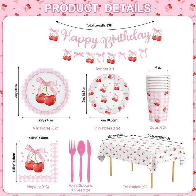 Alt view image 3 of 6 - 170 Pcs Cherry Birthday Decorations - Pink Bows Party Supplies Set, Happy Birthday Banner, Scalloped Paper Plates Napkins Cups, Plastic Tablecloth, Flatware for Coquette Cherry Bday Party Decoration