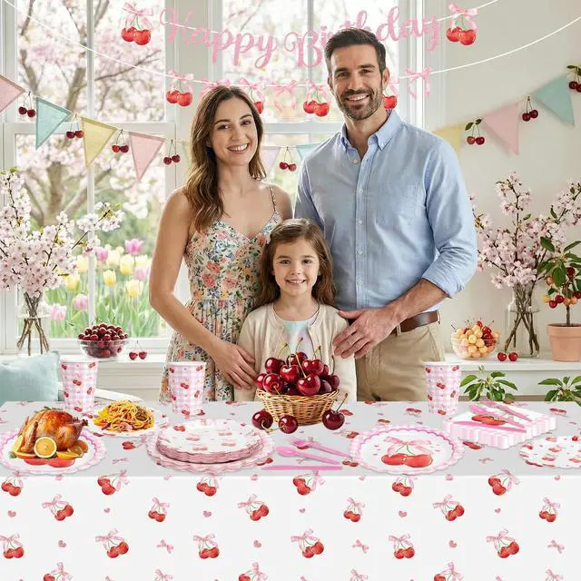 Alt view image 2 of 6 - 170 Pcs Cherry Birthday Decorations - Pink Bows Party Supplies Set, Happy Birthday Banner, Scalloped Paper Plates Napkins Cups, Plastic Tablecloth, Flatware for Coquette Cherry Bday Party Decoration