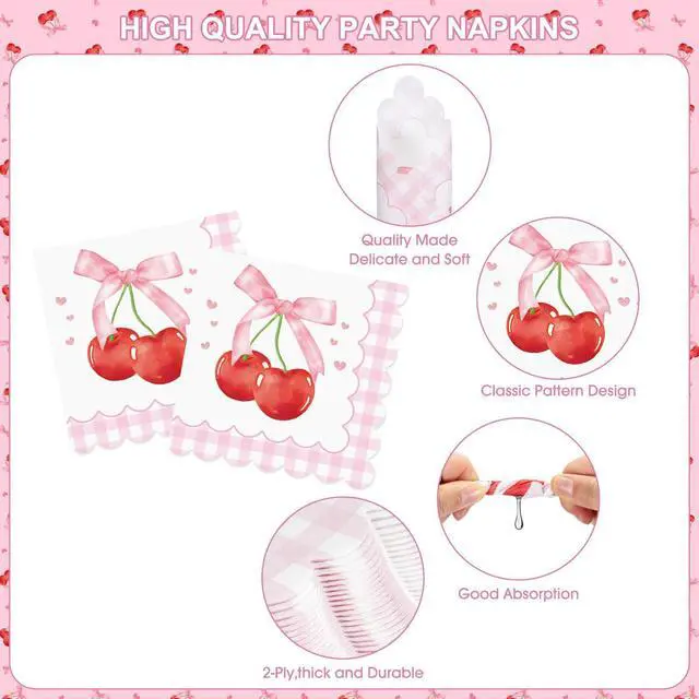 Alt view image 4 of 6 - 170 Pcs Cherry Birthday Decorations - Pink Bows Party Supplies Set, Happy Birthday Banner, Scalloped Paper Plates Napkins Cups, Plastic Tablecloth, Flatware for Coquette Cherry Bday Party Decoration