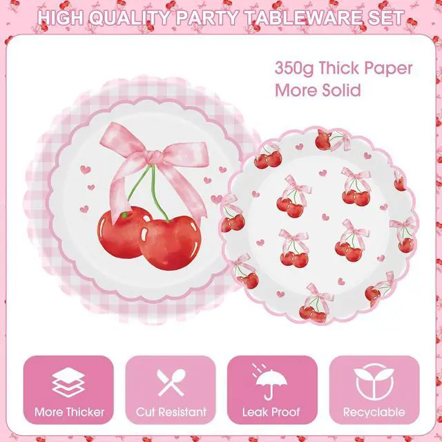 Alt view image 5 of 6 - 170 Pcs Cherry Birthday Decorations - Pink Bows Party Supplies Set, Happy Birthday Banner, Scalloped Paper Plates Napkins Cups, Plastic Tablecloth, Flatware for Coquette Cherry Bday Party Decoration