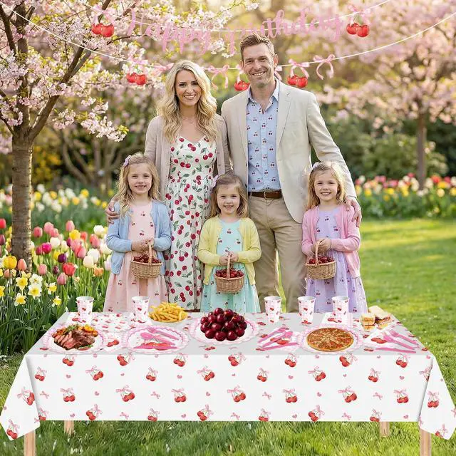 Alt view image 6 of 6 - 170 Pcs Cherry Birthday Decorations - Pink Bows Party Supplies Set, Happy Birthday Banner, Scalloped Paper Plates Napkins Cups, Plastic Tablecloth, Flatware for Coquette Cherry Bday Party Decoration