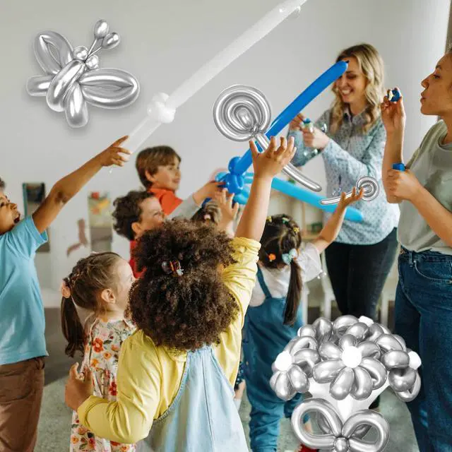 Alt view image 6 of 7 - Silver Metallic 260 long Balloons 100 Pack Modeling Long Magic Balloons Shiny Latex DIY Animal Balloon for Birthday Wedding New Year Festival Party Decoration (Silver Twisting Balloons)
