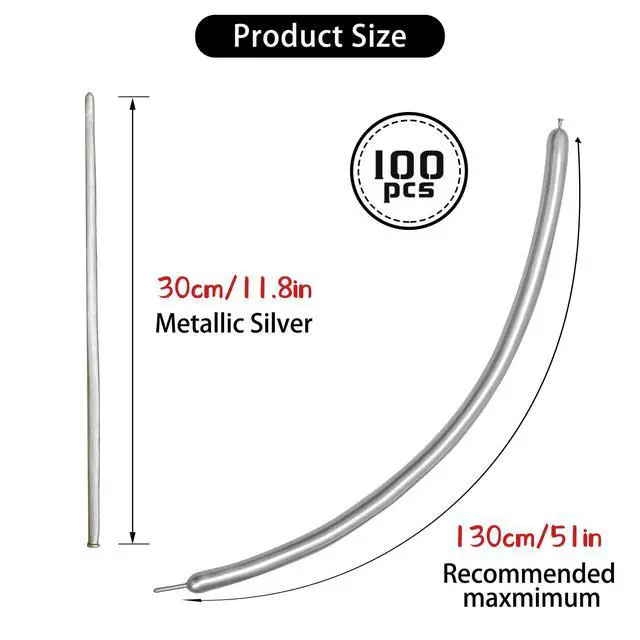 Alt view image 3 of 7 - Silver Metallic 260 long Balloons 100 Pack Modeling Long Magic Balloons Shiny Latex DIY Animal Balloon for Birthday Wedding New Year Festival Party Decoration (Silver Twisting Balloons)