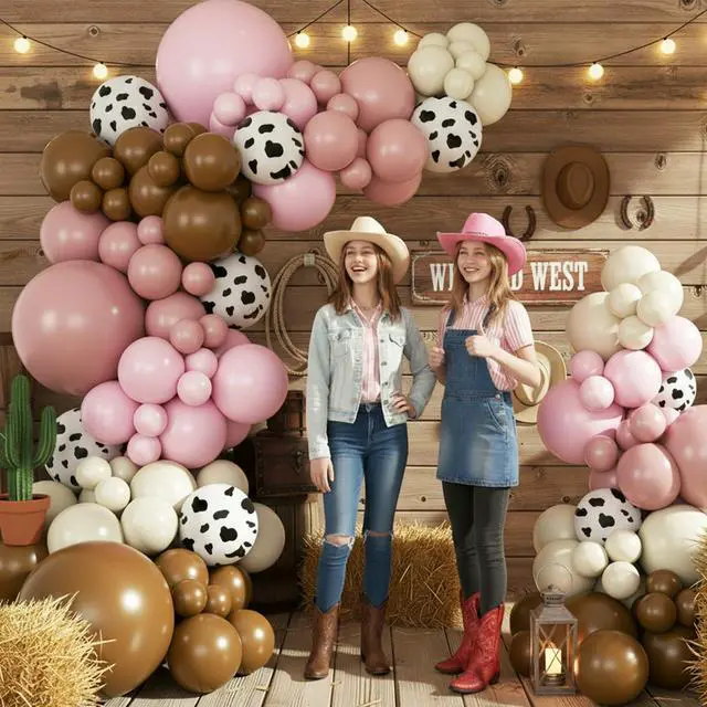 Alt view image 6 of 6 - Cowgirl Dusty Pink Cow Balloon Garland Arch Kit, Light Pink Brown Sand White Balloons for Cowgirl Baby Shower Birthday Western Theme Party Decoration