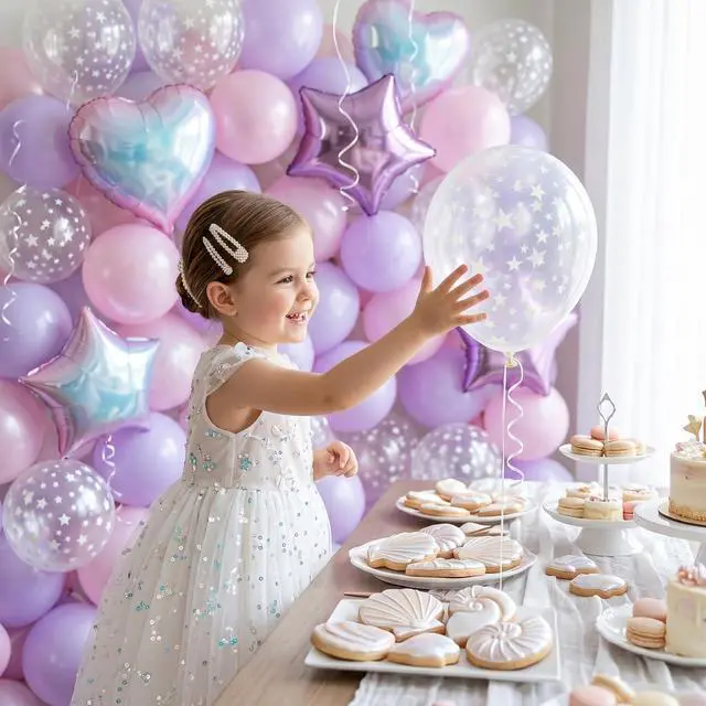 Alt view image 4 of 6 - Pink and Purple Balloons, Pastel Pale Pink Light Purple Lilac Transparent Star Latex Balloon With Iridescent Heart Lavender Star Foil Balloons for Kpop Birthday Party Baby Shower Princess Decorations
