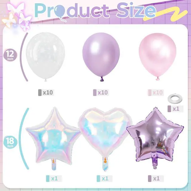 Alt view image 2 of 6 - Pink and Purple Balloons, Pastel Pale Pink Light Purple Lilac Transparent Star Latex Balloon With Iridescent Heart Lavender Star Foil Balloons for Kpop Birthday Party Baby Shower Princess Decorations