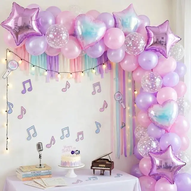 Alt view image 3 of 6 - Pink and Purple Balloons, Pastel Pale Pink Light Purple Lilac Transparent Star Latex Balloon With Iridescent Heart Lavender Star Foil Balloons for Kpop Birthday Party Baby Shower Princess Decorations