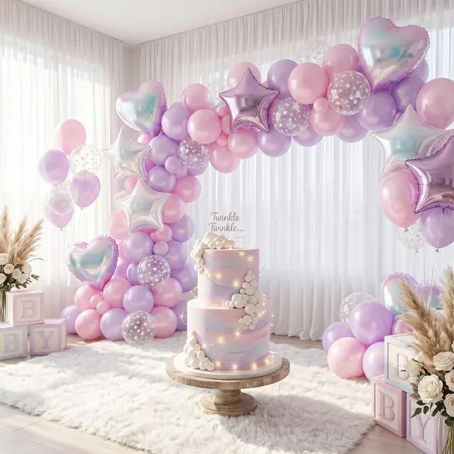 Alt view image 5 of 6 - Pink and Purple Balloons, Pastel Pale Pink Light Purple Lilac Transparent Star Latex Balloon With Iridescent Heart Lavender Star Foil Balloons for Kpop Birthday Party Baby Shower Princess Decorations