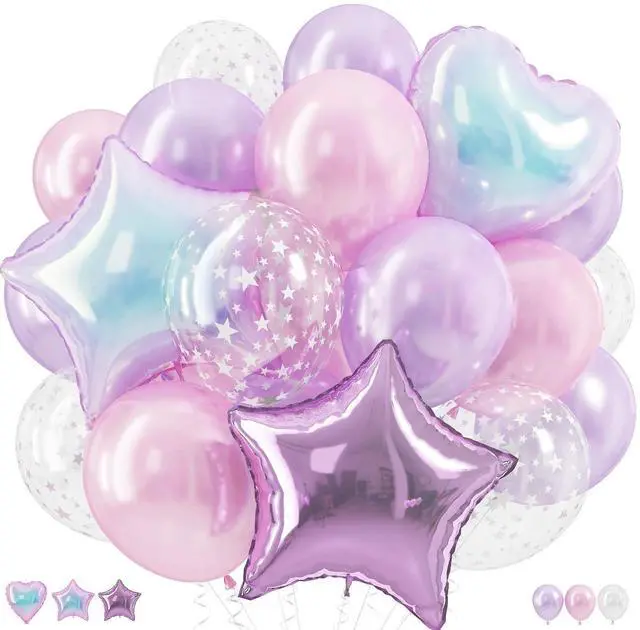 Main image of Pink and Purple Balloons, Pastel Pale Pink Light Purple Lilac Transparent Star Latex Balloon With Iridescent Heart Lavender Star Foil Balloons for Kpop Birthday Party Baby Shower Princess Decorations