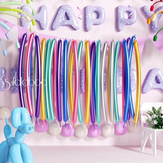 Alt view image 4 of 6 - Metallic 260 Balloons 100PCS Multicolored Latex Long Shiny Balloon to Twisting Flowers Animals for Birthday Party Anniversary Wedding or Other Party Events and Festivals