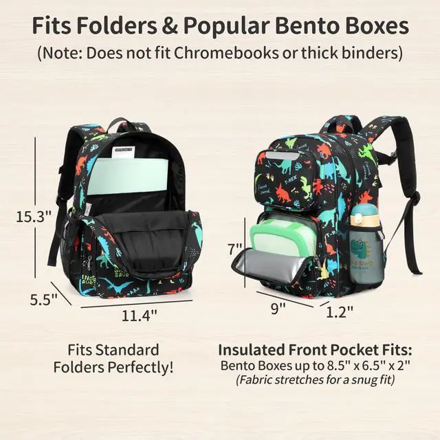 Alt view image 3 of 7 - Kids Backpack for Boys Kindergarten - 15 Inch Sturdy School Bookbag Fits Folder, Dinosaur Backpack for Kids 4-7 with Leakproof Insulated Pocket for Lunch and Snacks, Black