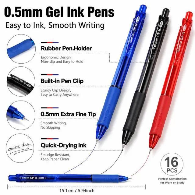 Alt view image 2 of 7 - 16 Pcs Retractable Gel Pens Fine Point (0.5mm) Rollerball Pens for Smooth Writing (Black&Red&Blue Ink) for Women Men Journaling School and Office Supplies Use
