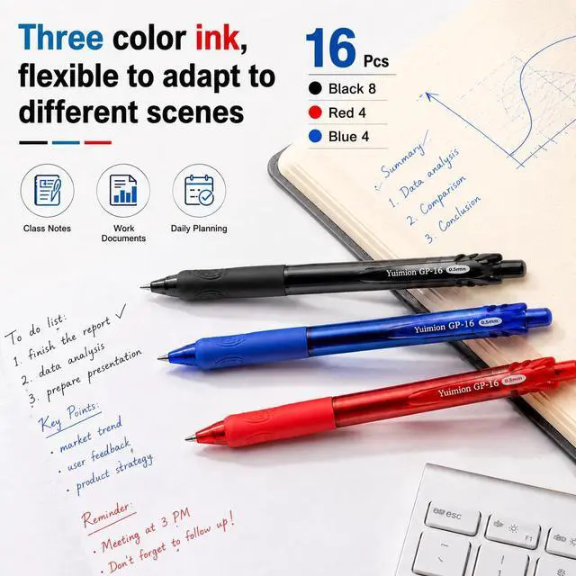 Alt view image 3 of 7 - 16 Pcs Retractable Gel Pens Fine Point (0.5mm) Rollerball Pens for Smooth Writing (Black&Red&Blue Ink) for Women Men Journaling School and Office Supplies Use