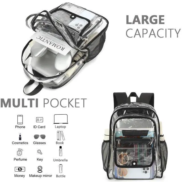 Alt view image 4 of 7 - Clear Backpack for Girls Boys Women Men, Heavy Duty Transparent PVC Bookbag for School College Work See Through Backpack,Black