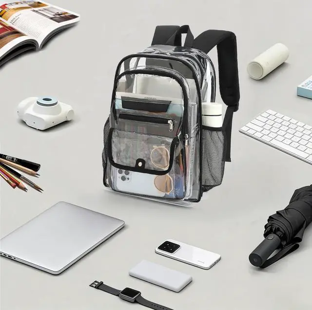 Alt view image 6 of 7 - Clear Backpack for Girls Boys Women Men, Heavy Duty Transparent PVC Bookbag for School College Work See Through Backpack,Black