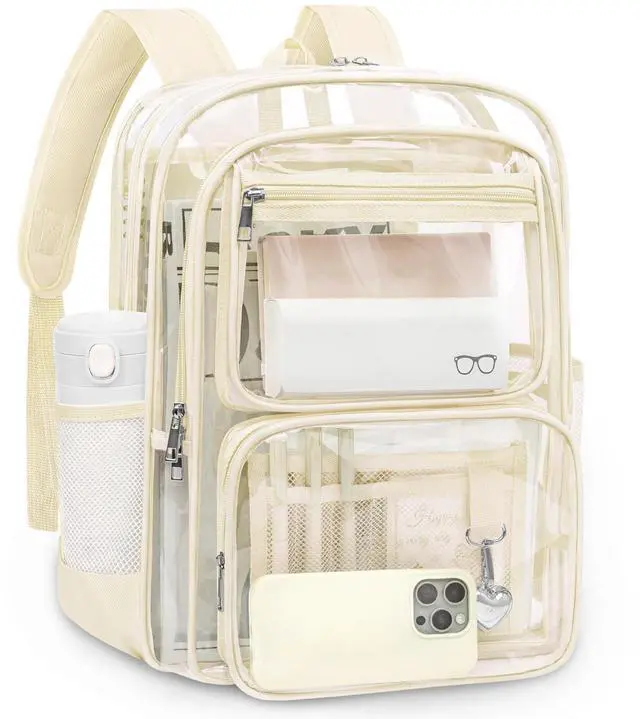 Main image of Clear Backpack for School, Large Heavy Duty Clear Bookbag with Luggage Strap & Stitches for Girls Boys, Reinforced See Through PVC Transparent Backpack for Stadium Events College Travel Work Beige
