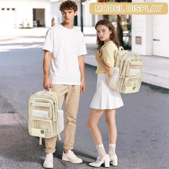 Alt view image 2 of 7 - Clear Backpack for School, Large Heavy Duty Clear Bookbag with Luggage Strap & Stitches for Girls Boys, Reinforced See Through PVC Transparent Backpack for Stadium Events College Travel Work Beige