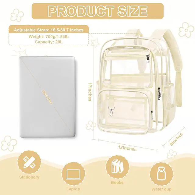 Alt view image 3 of 7 - Clear Backpack for School, Large Heavy Duty Clear Bookbag with Luggage Strap & Stitches for Girls Boys, Reinforced See Through PVC Transparent Backpack for Stadium Events College Travel Work Beige