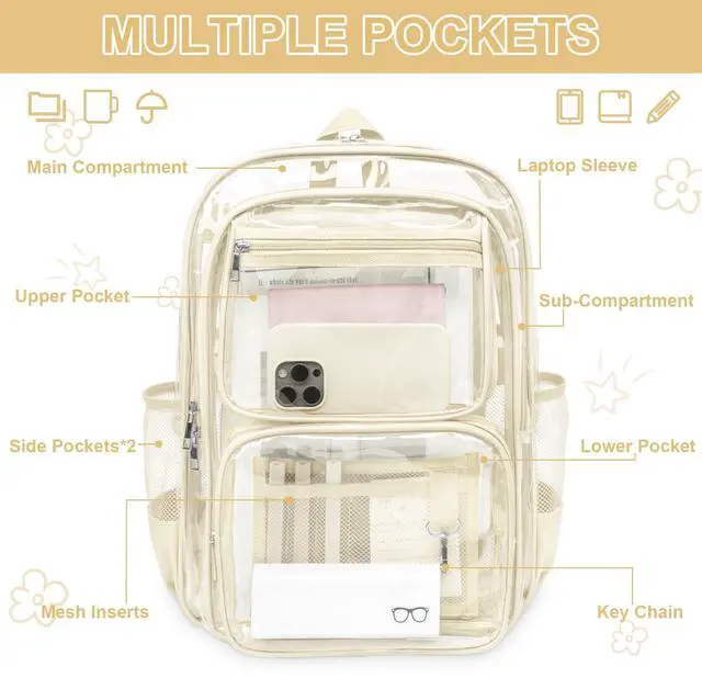 Alt view image 4 of 7 - Clear Backpack for School, Large Heavy Duty Clear Bookbag with Luggage Strap & Stitches for Girls Boys, Reinforced See Through PVC Transparent Backpack for Stadium Events College Travel Work Beige