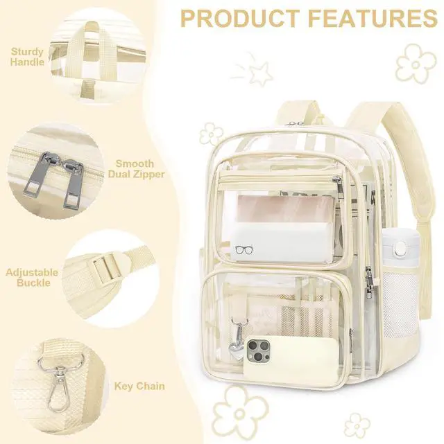 Alt view image 6 of 7 - Clear Backpack for School, Large Heavy Duty Clear Bookbag with Luggage Strap & Stitches for Girls Boys, Reinforced See Through PVC Transparent Backpack for Stadium Events College Travel Work Beige