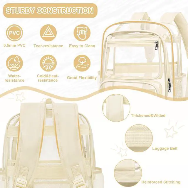Alt view image 5 of 7 - Clear Backpack for School, Large Heavy Duty Clear Bookbag with Luggage Strap & Stitches for Girls Boys, Reinforced See Through PVC Transparent Backpack for Stadium Events College Travel Work Beige