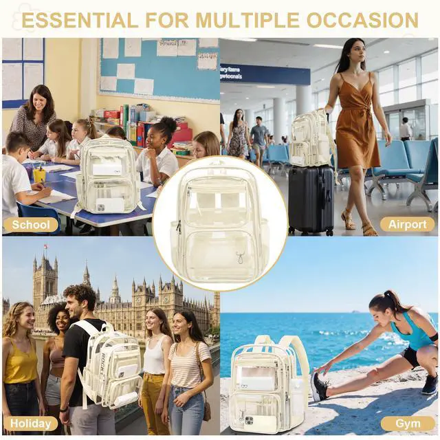 Alt view image 7 of 7 - Clear Backpack for School, Large Heavy Duty Clear Bookbag with Luggage Strap & Stitches for Girls Boys, Reinforced See Through PVC Transparent Backpack for Stadium Events College Travel Work Beige
