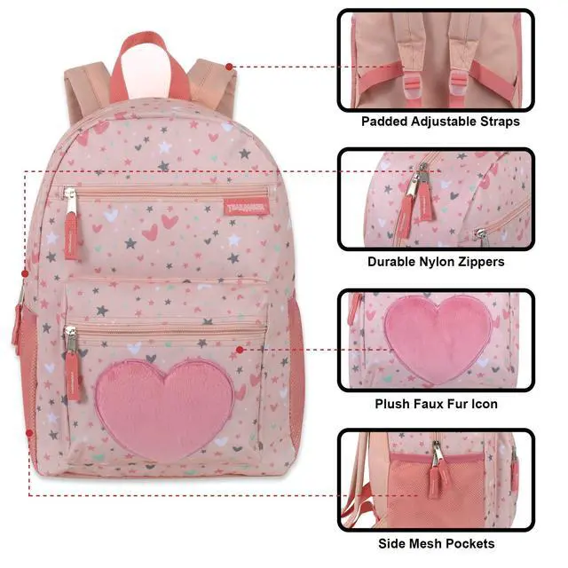 Alt view image 3 of 7 - 17 Kids Character School Backpacks Plush for Girls with Side Pockets, Padded Straps (Plush Starry Hearts)