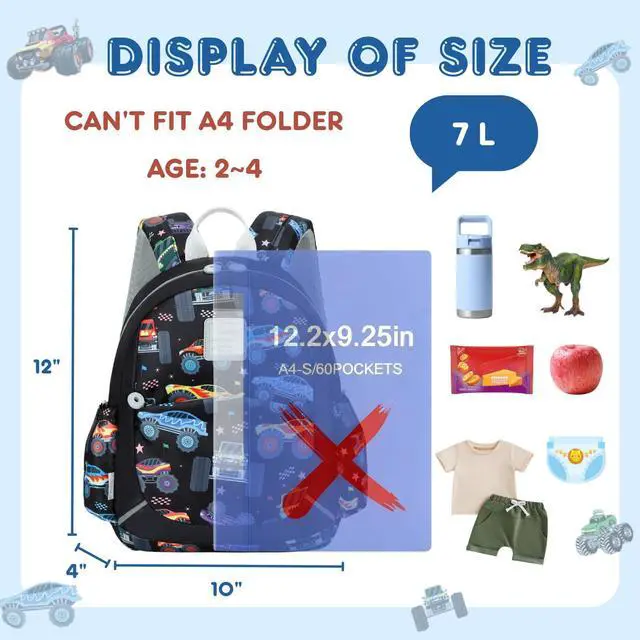 Alt view image 2 of 7 - Toddler Backpack for Boys Girls 2-4, 12" H Kids Backpacks for Kindergarten Preschool, Small Bookbag for Daycare Travel (Black, 12''- Not fit A4 folder)