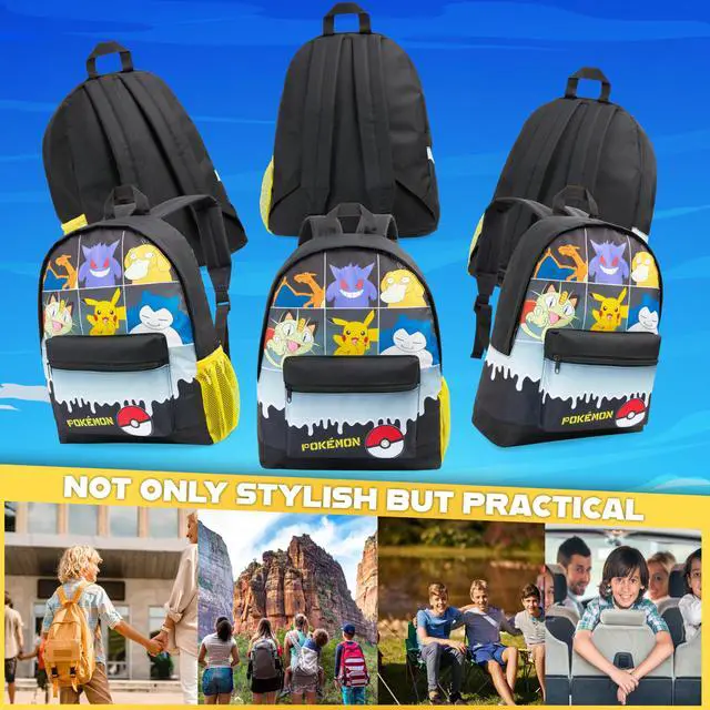 Alt view image 3 of 6 - Backpack for Kids Teens Boys Girls, Pikachu Anime Backpacks, Bag for Daycare Sports Vacation Travel, School Gift (Black Grid)