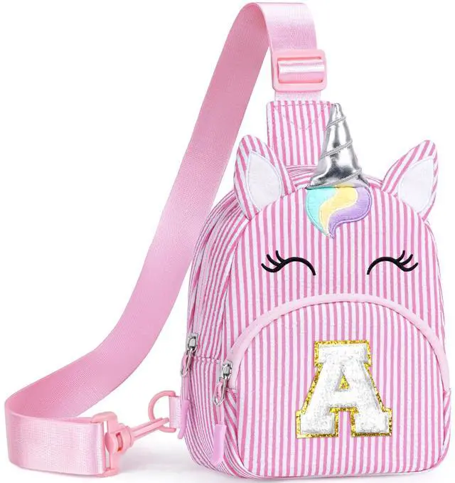 Main image of Unicorn Birthday Gifts for 2 3 4 5 6 7 8 Year Old Girls Kids, Initial Sling Bag Letter Fanny Pack for Little Girls Purse, Girl Crossbody Bag Personalized Gift for Daughter Sister, Pink (A)