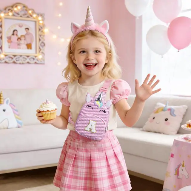Alt view image 2 of 7 - Unicorn Birthday Gifts for 2 3 4 5 6 7 8 Year Old Girls Kids, Initial Sling Bag Letter Fanny Pack for Little Girls Purse, Girl Crossbody Bag Personalized Gift for Daughter Sister, Pink (A)
