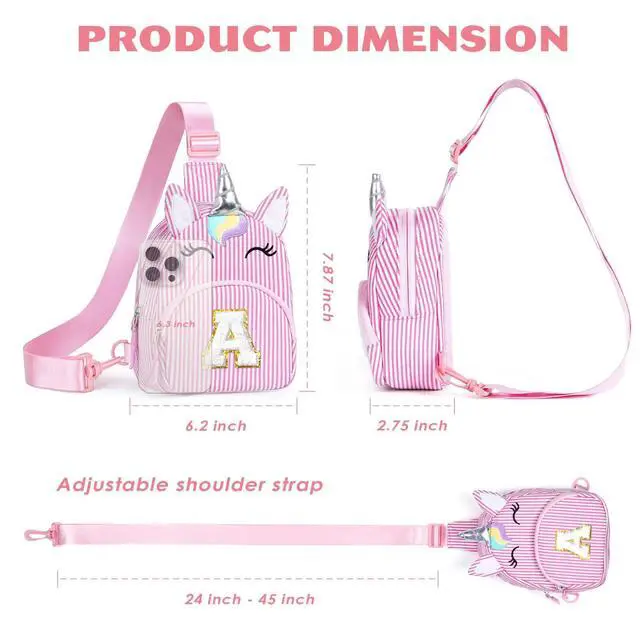 Alt view image 7 of 7 - Unicorn Birthday Gifts for 2 3 4 5 6 7 8 Year Old Girls Kids, Initial Sling Bag Letter Fanny Pack for Little Girls Purse, Girl Crossbody Bag Personalized Gift for Daughter Sister, Pink (A)