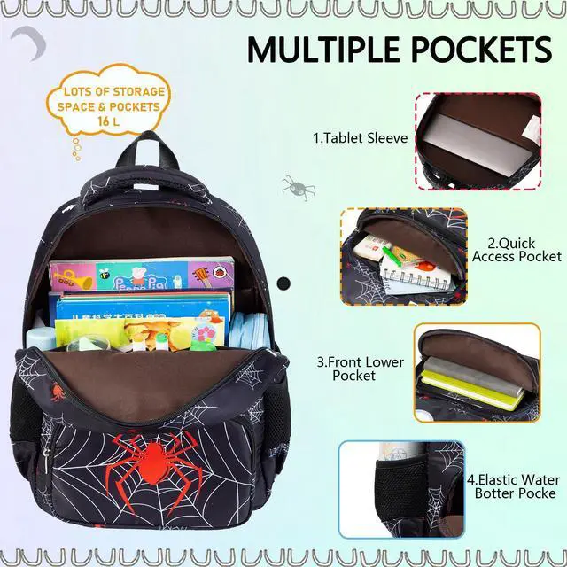Alt view image 3 of 7 - Kids Backpack Boys Girls Ages 3-8 Spider Backpack Kindergarten Elementary School 15 Inch Toddler Bookbag with Chest Strap Mochilas Para Niños, Spider Black