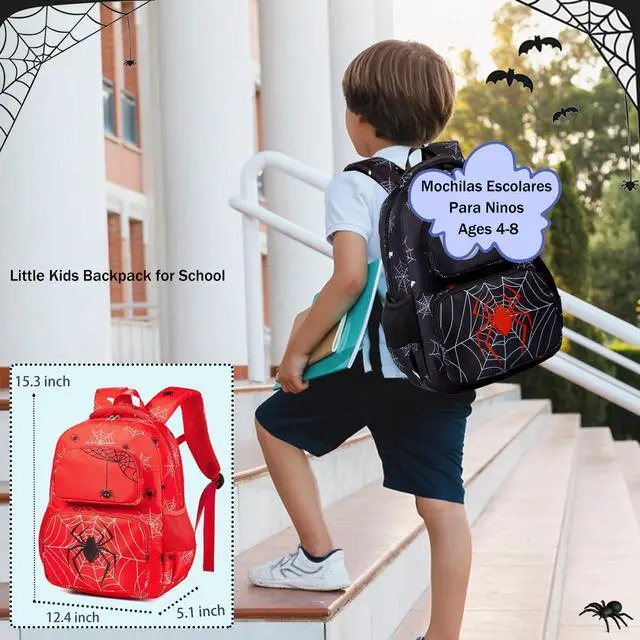 Alt view image 7 of 7 - Kids Backpack Boys Girls Ages 3-8 Spider Backpack Kindergarten Elementary School 15 Inch Toddler Bookbag with Chest Strap Mochilas Para Niños, Spider Black