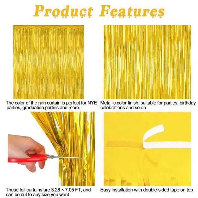 Alt view image 4 of 7 - 2 Pack Gold Tinsel Backdrop, 3.28 FT x 7.05 FT Metallic Fringe Curtain, Gold Color Graduation Backdrop Party Streamers, Party Supplies Door Decorations for Birthday Anniversaries