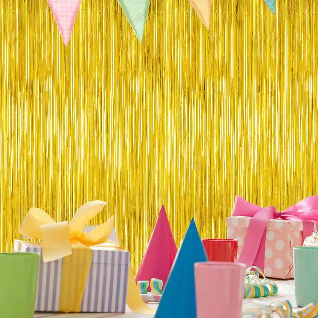 Alt view image 5 of 7 - 2 Pack Gold Tinsel Backdrop, 3.28 FT x 7.05 FT Metallic Fringe Curtain, Gold Color Graduation Backdrop Party Streamers, Party Supplies Door Decorations for Birthday Anniversaries